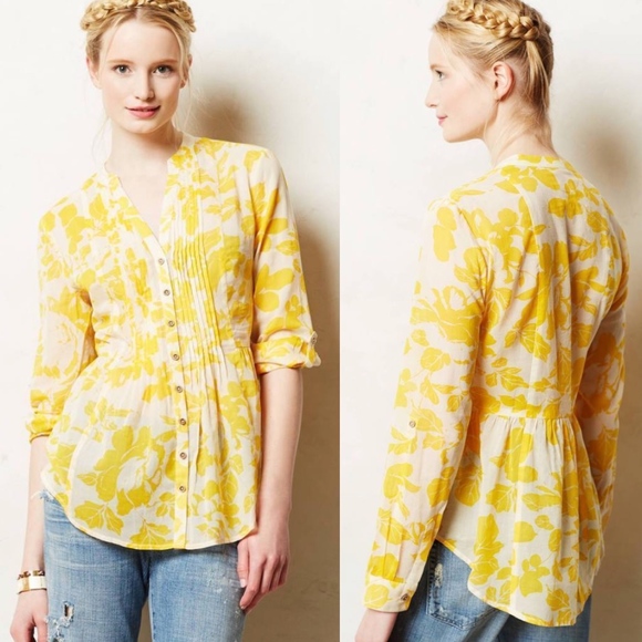 Anthropologie Tops - Anthro | Gold Floral Pintucked Button Down, Maeve